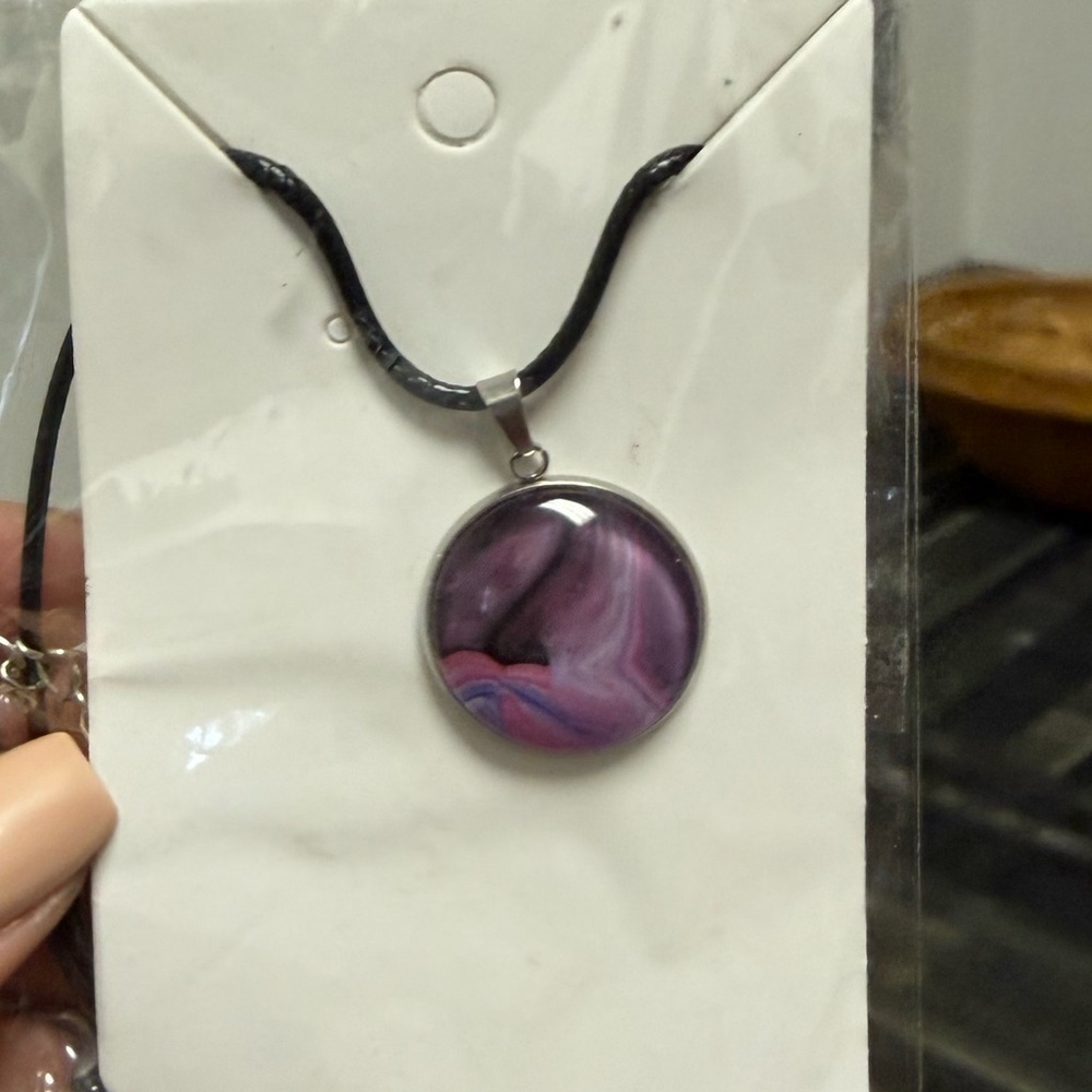Abstract Fluid Art Hand-Poured Acrylic Necklace Elegant Purple Pendant Necklace - Picture 3 of 6
